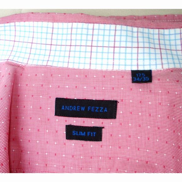 Andrew Fezza Men Cotton Shirt 17.5 - 34/35 Pink Long Sleeve Slim Fit Button Up - Picture 2 of 5